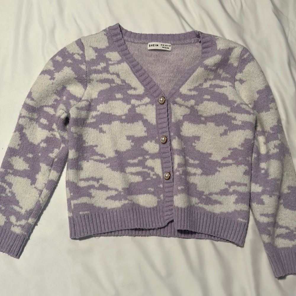SHEIN Cardigan. Purple with White clouds. Pearl buttons.
